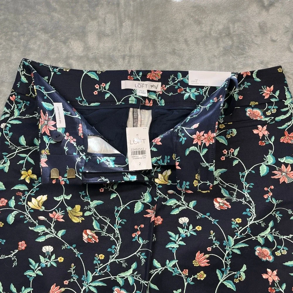 LOFT Riviera Pant Women Navy‎ Blue Floral Julie Fit Cropped Trousers NWT 2